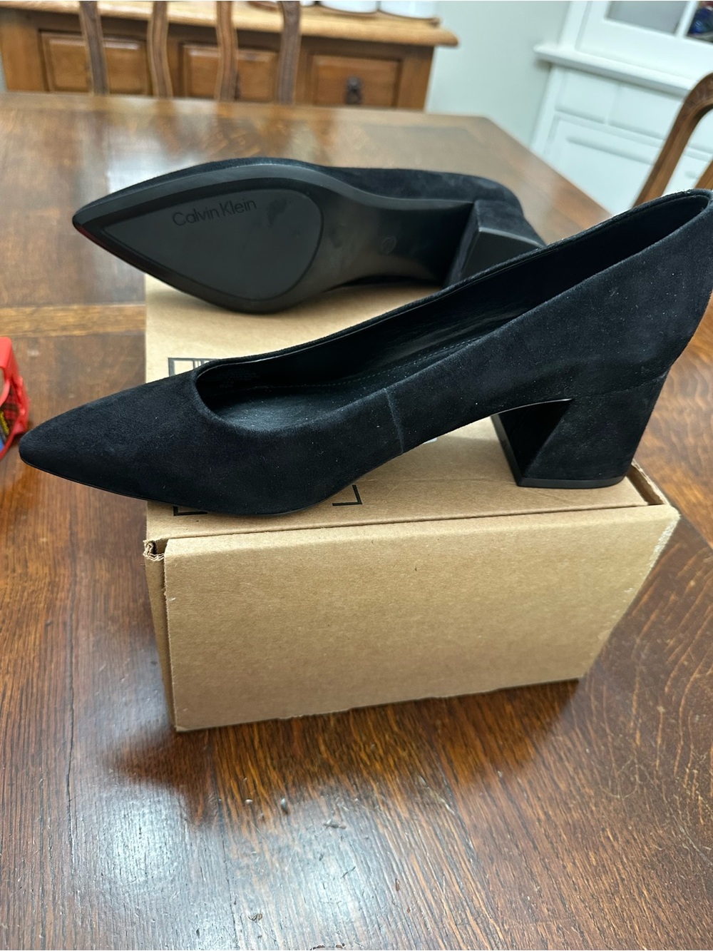 Calvin Klein Black Suede Pointed Block Heel Pumps